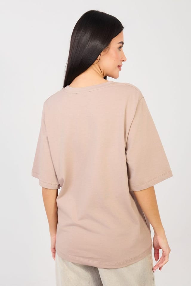 Love Lace Love Lace Women's Basic Cotton Elastane Round Neck T-Shirt in Beige - 3