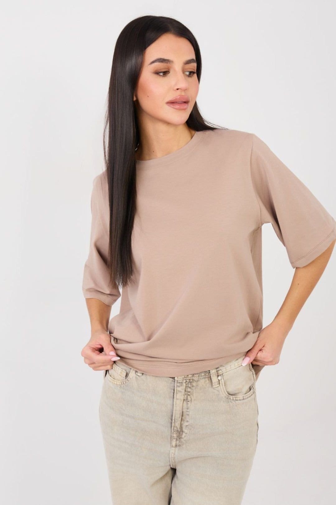 Love Lace Love Lace Women's Basic Cotton Elastane Round Neck T-Shirt in Beige - 4