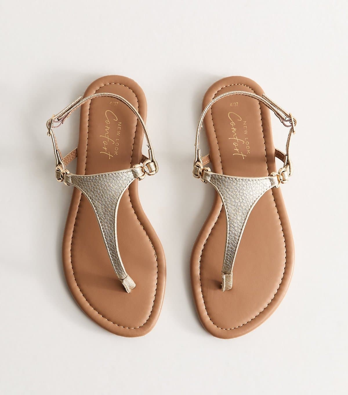 New Look Women's Gold Faux Leather Toe Post Sandals Vegan New Look