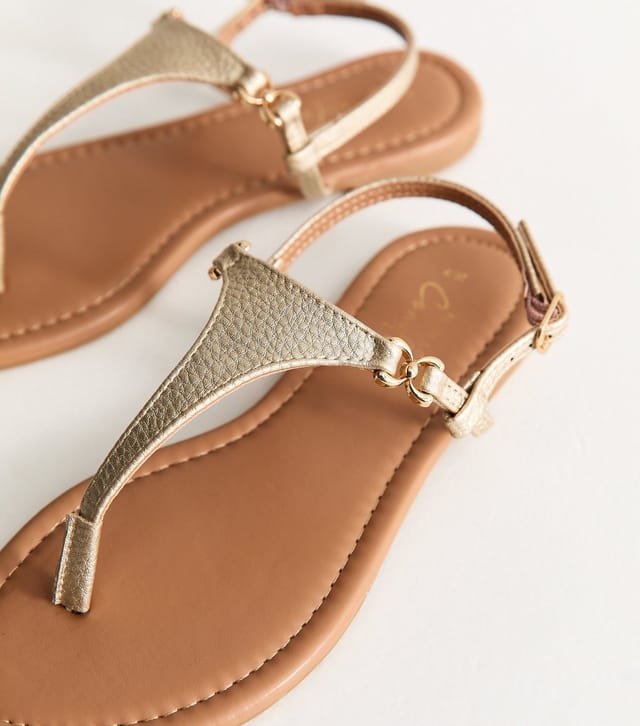 New Look Women's Gold Faux Leather Toe Post Sandals Vegan New Look - 3