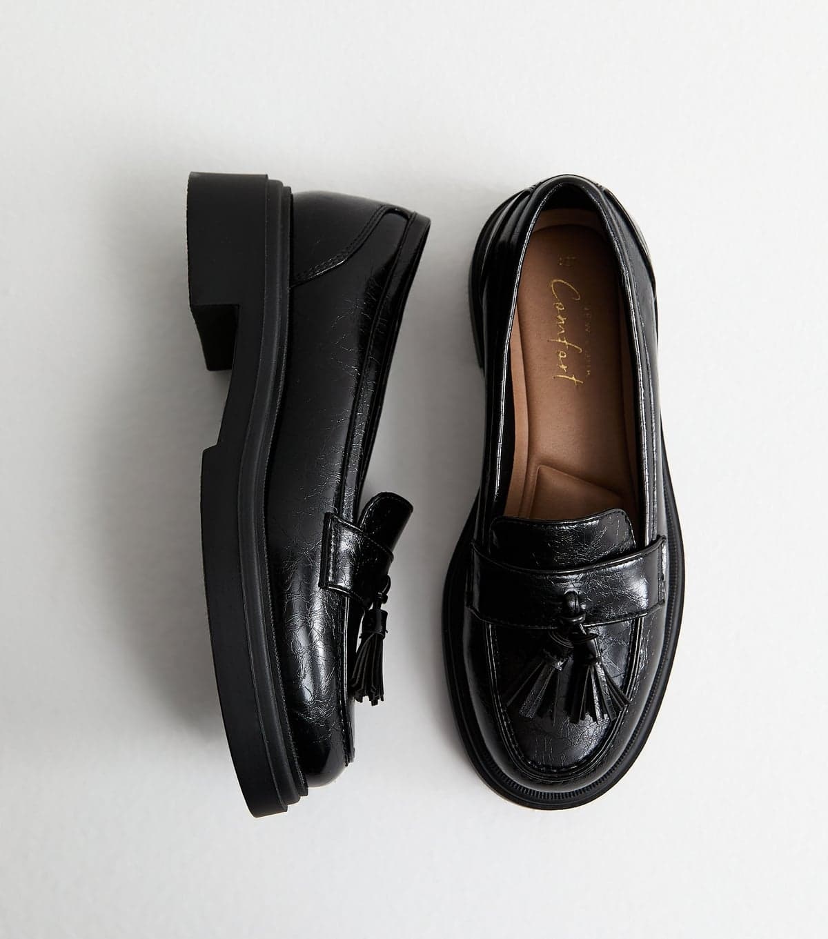 New Look Women's Black Faux Leather Chunky Sole Tassel Loafers Vegan New Look