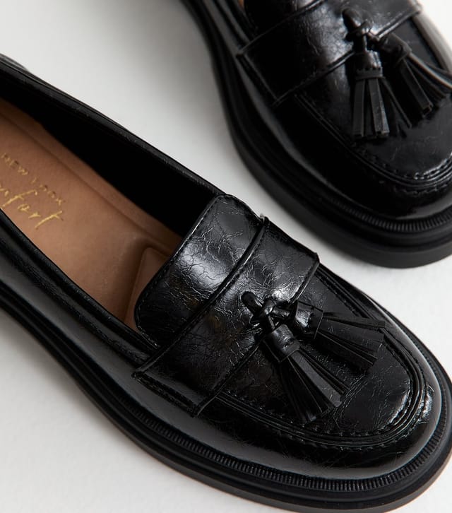 New Look Women's Black Faux Leather Chunky Sole Tassel Loafers Vegan New Look - 3