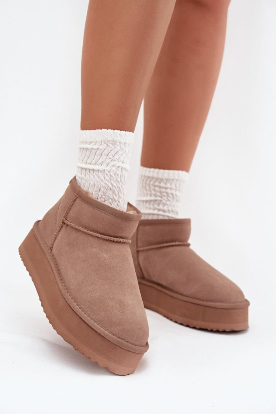 Love Lace Love Lace Women's Natural Suede Insulated Snow Boots Thick Fur Platform Slip On in Taupe