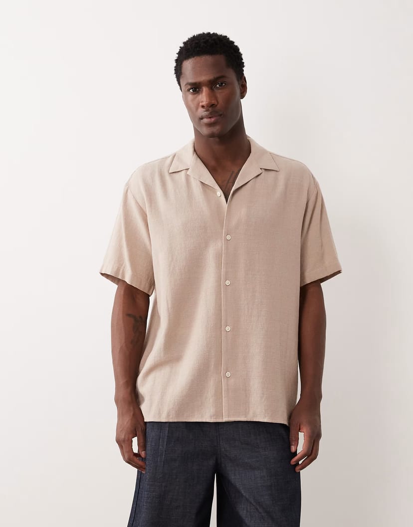 ASOS Jack & Jones textured shirt with short sleeves in beige - 1