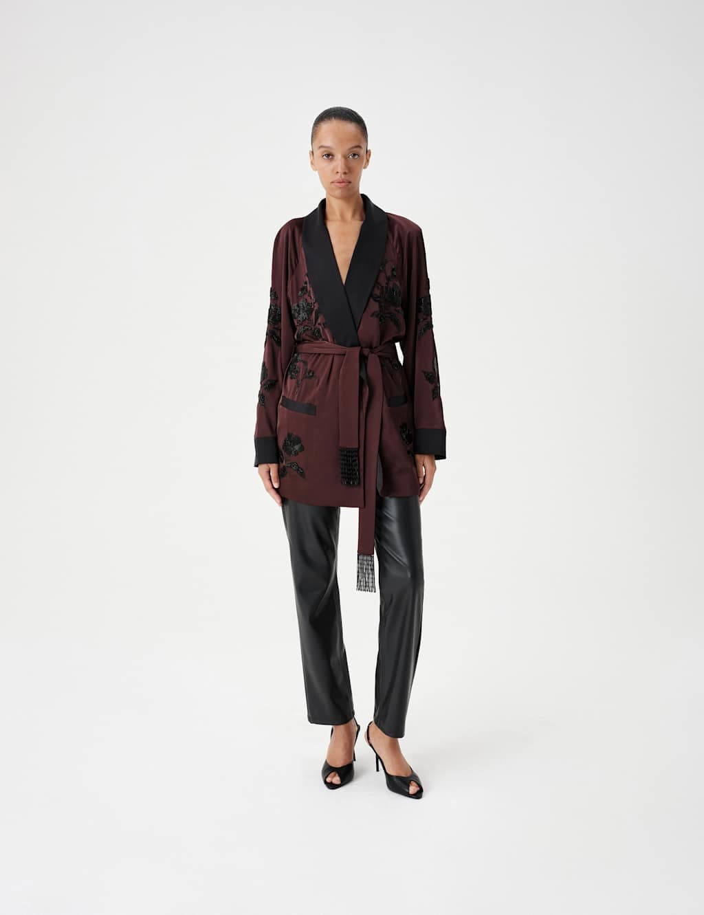Marks & Spencer M&S Satin Embellished Belted Longline Kimono Jacket Aubergine Mix