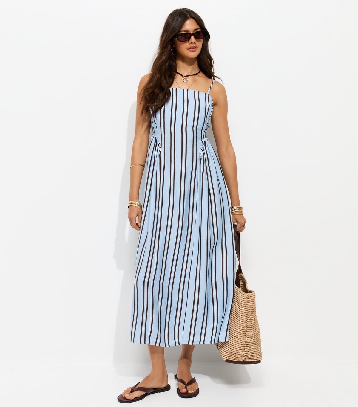 New Look Women's Blue Striped Gathered Strappy Midi Dress New Look