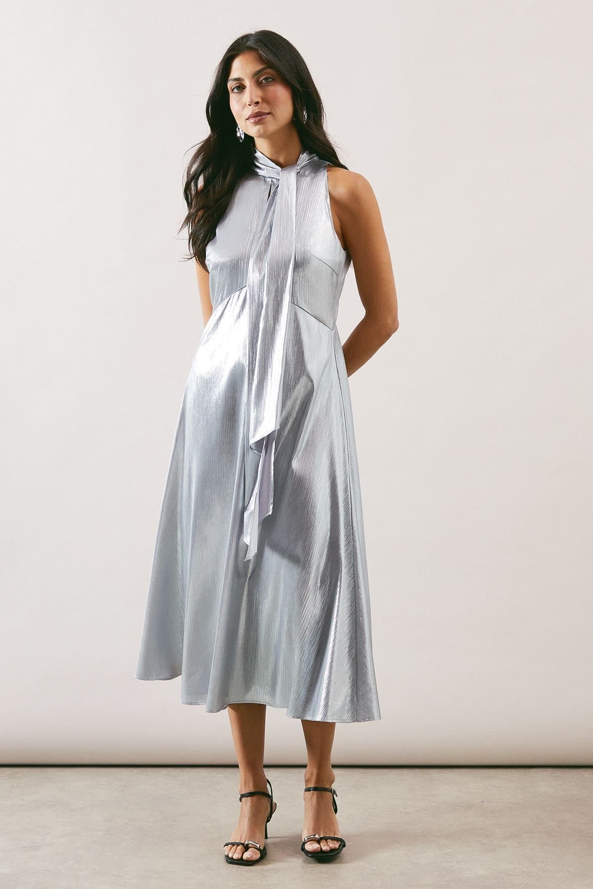 Wallis Wallis Women's Occasion Metallic Tie Neck Midi Dress in Silver