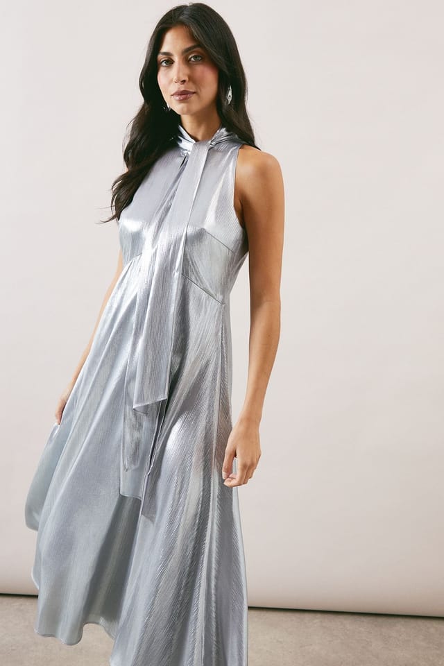 Wallis Wallis Women's Occasion Metallic Tie Neck Midi Dress in Silver - 2