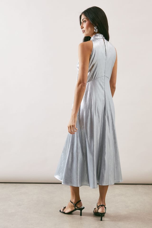 Wallis Wallis Women's Occasion Metallic Tie Neck Midi Dress in Silver - 3