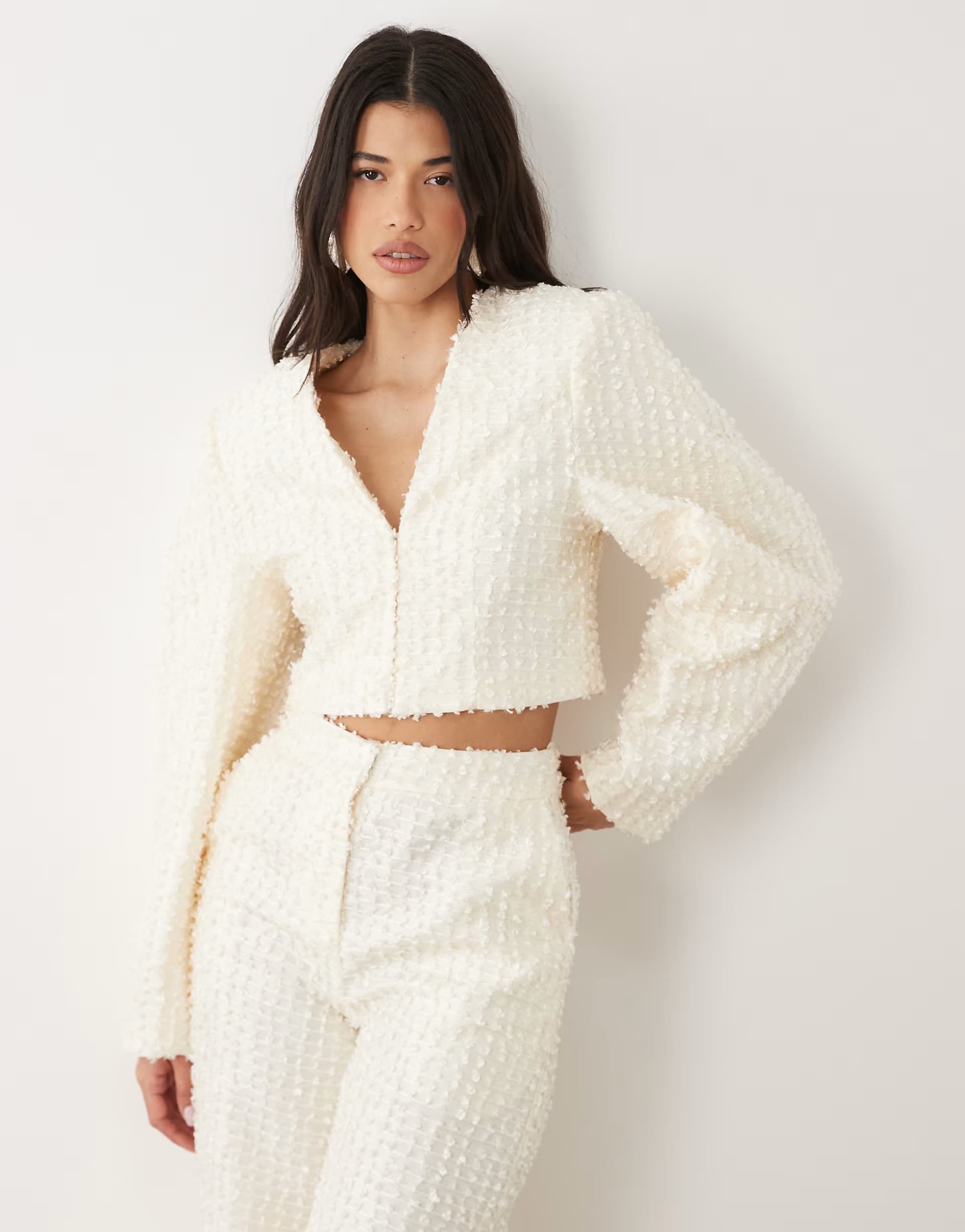 ASOS ASOS LUXE boucle cropped ovoid sleeve blazer co-ord in cream