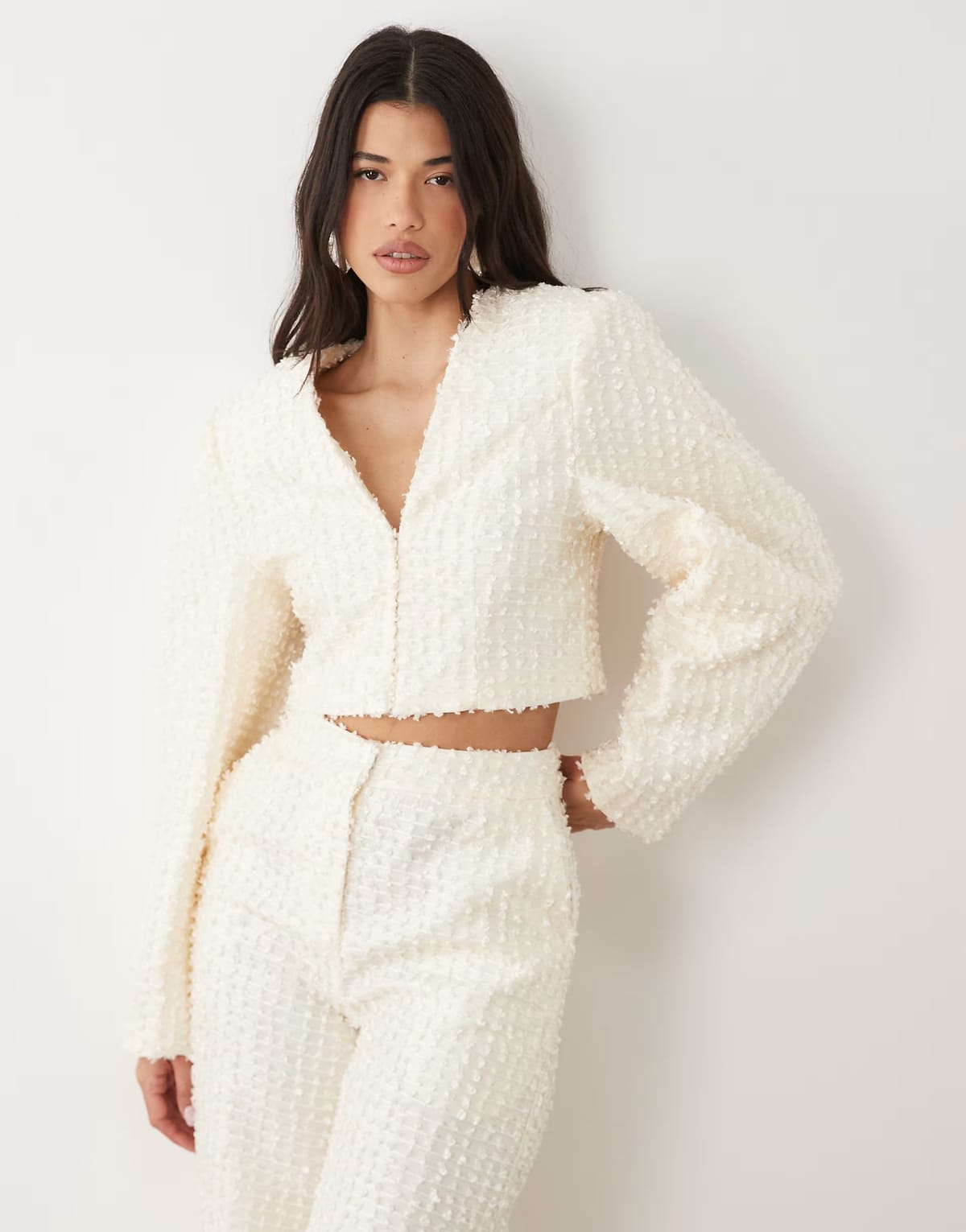 ASOS ASOS LUXE boucle cropped ovoid sleeve blazer co-ord in cream - 1