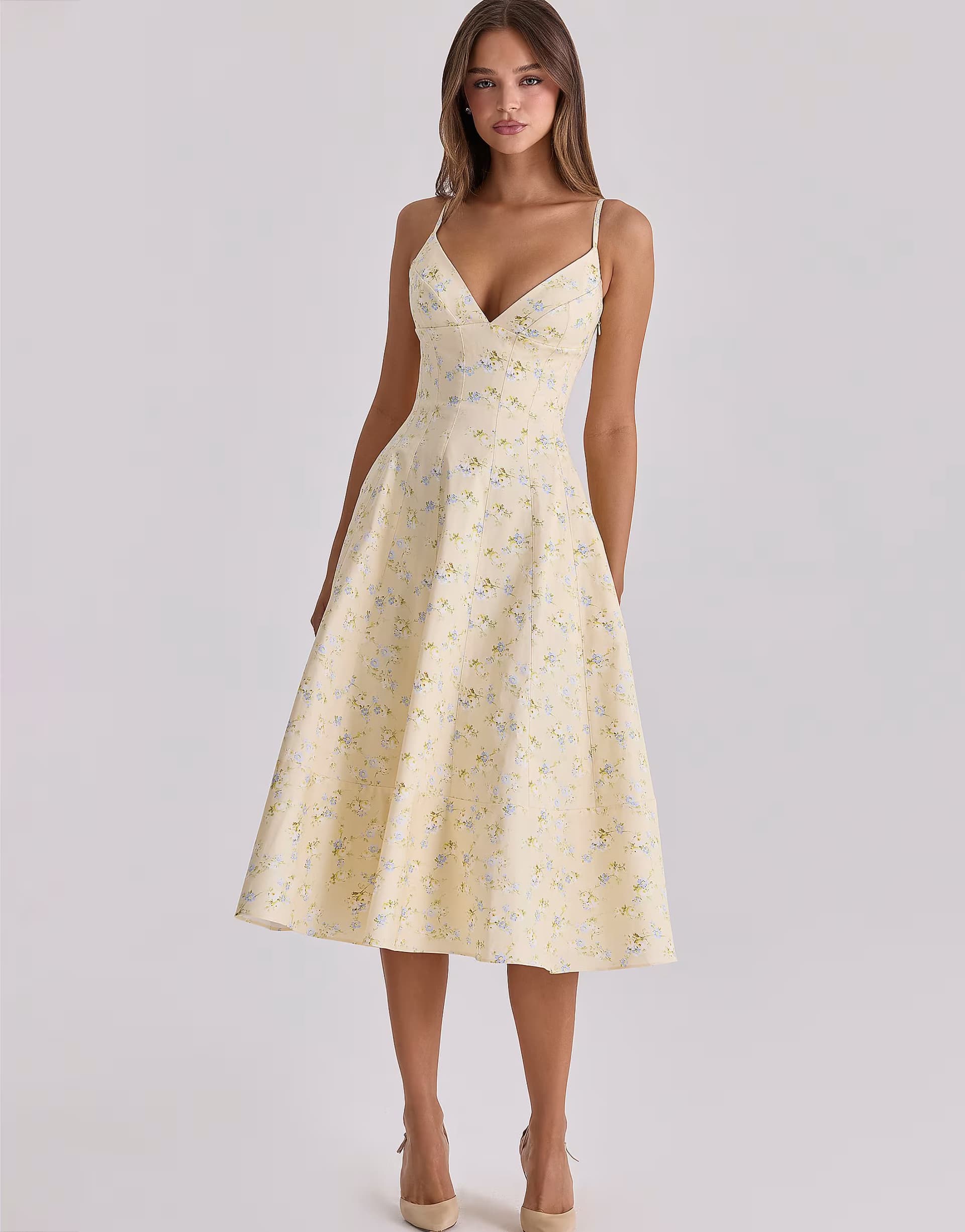 ASOS House of CB Millie lemon floral print strappy cotton midi sundress in lemon floral print