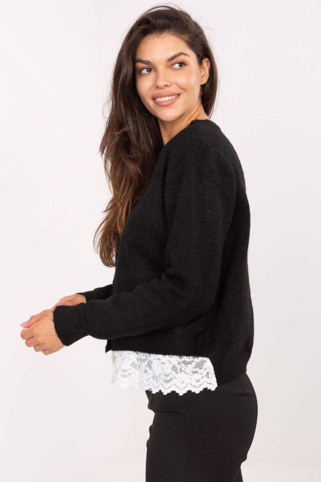 Love Lace Love Lace Women's Elegant Smooth Pattern Button Cardigan Sweater in Black - 2