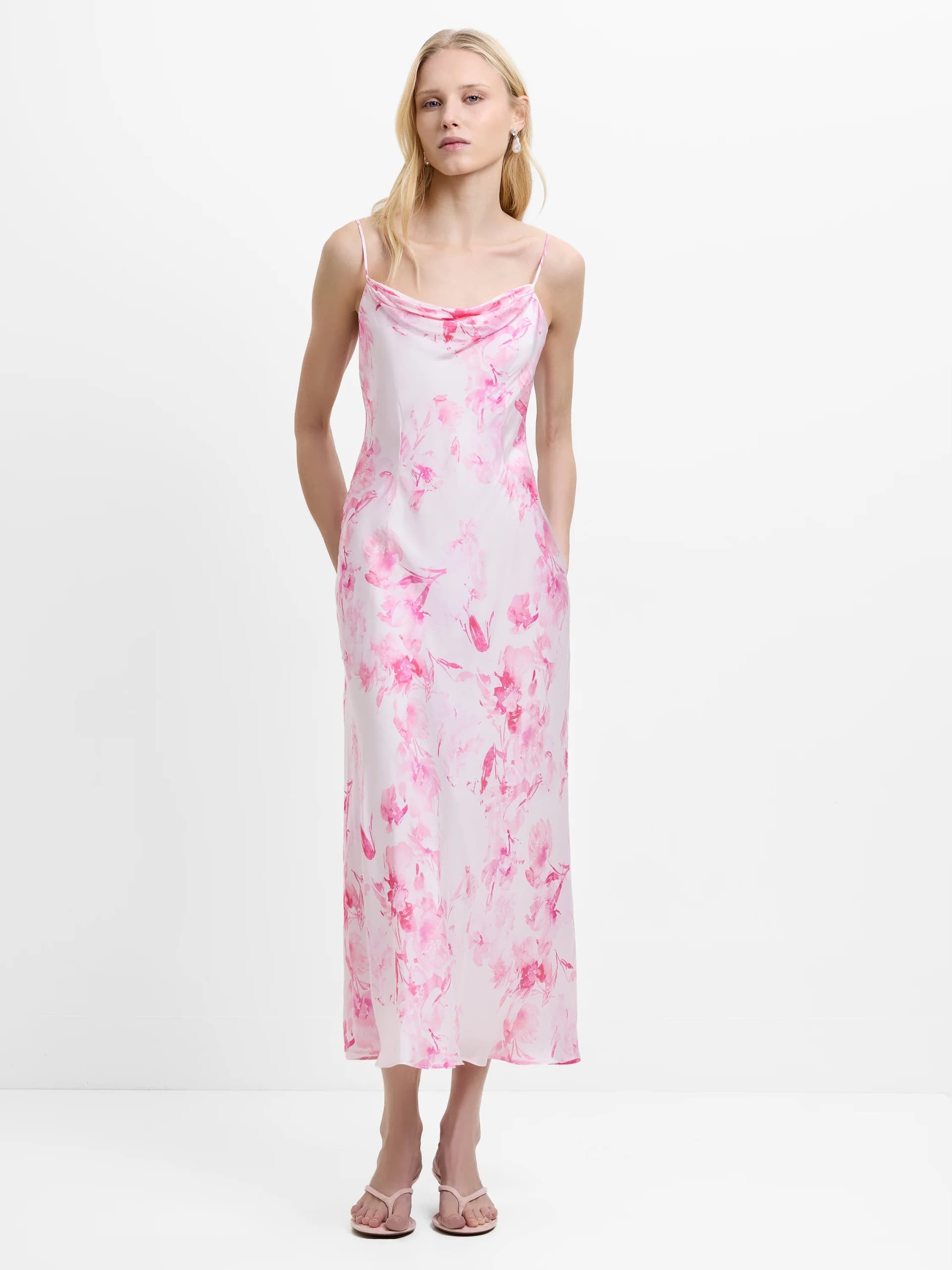 French Connection Oona Satin Cowl Neck Pink Floral Midi Dress Pink Icing-floral-print