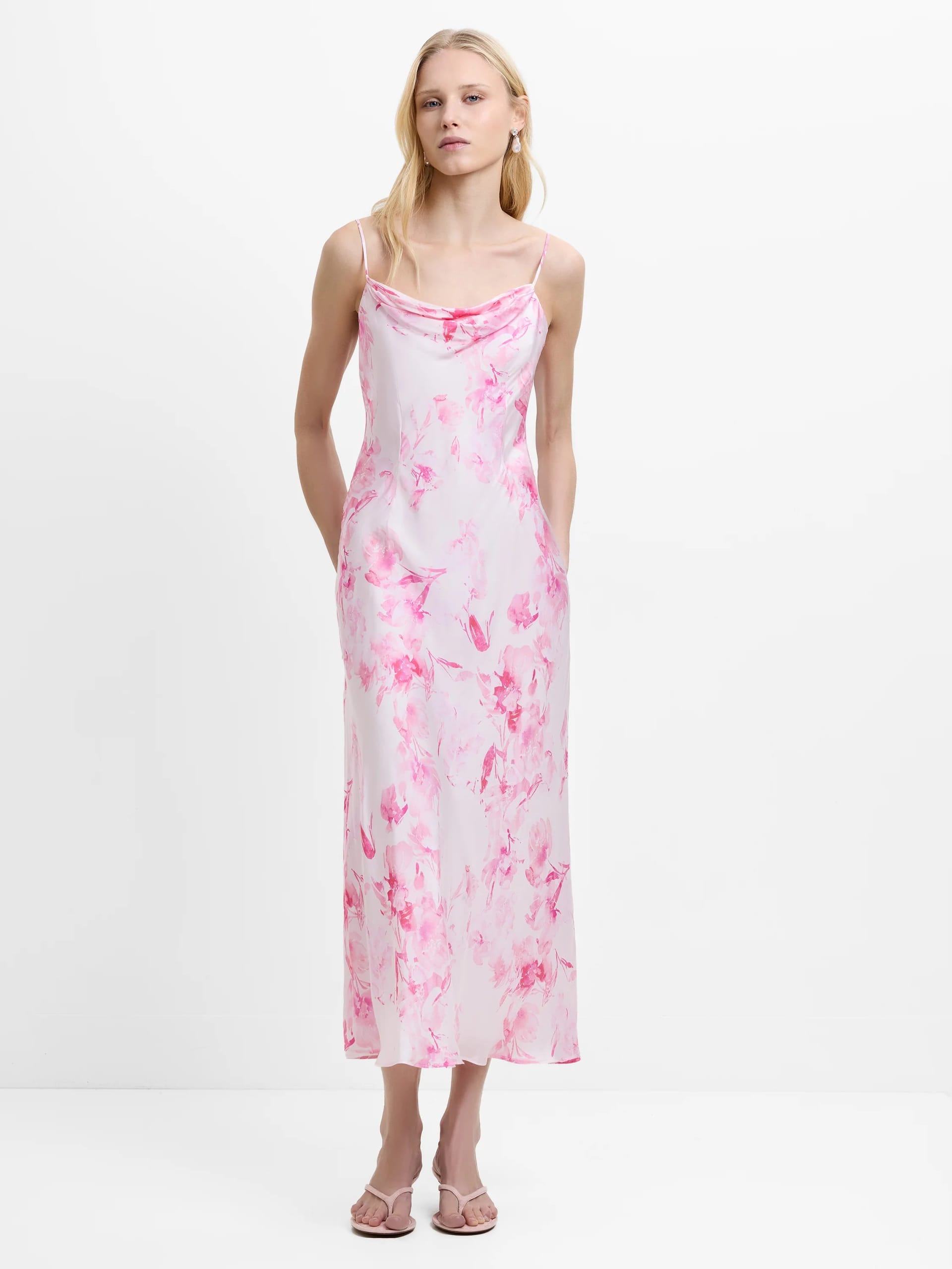 French Connection Pink Floral Satin Cowl Neck Midi Dress