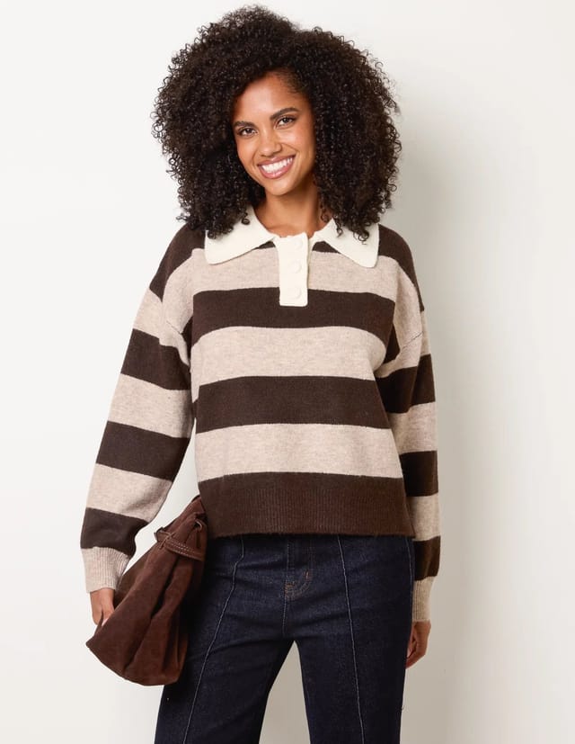 Blue Vanilla Stripe Knit Polo Jumper - 2