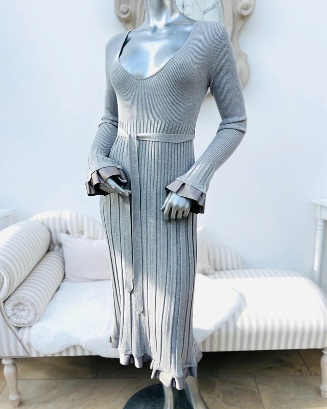 Per Una Per Una Speziale light grey / silver fine knit angora blend designer cuffs belted midi dress 12 - 1
