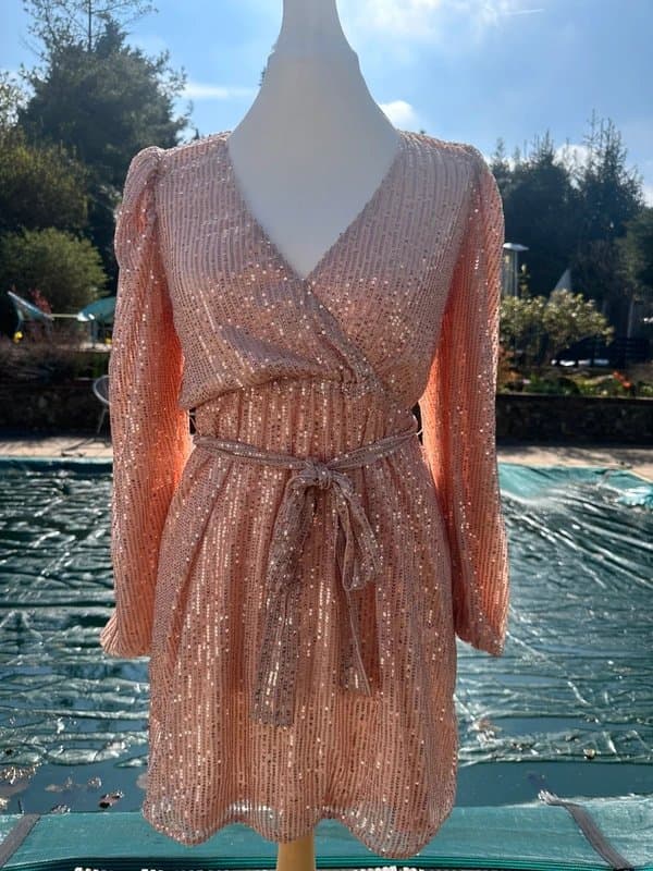 Gini London Gini London champagne sequin mini dress wrap style belted party dress size 12