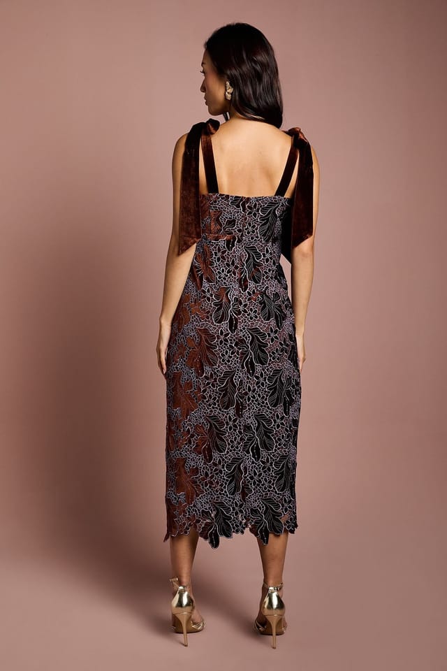 Coast Coast Women's Cut Out Velvet Lace Tie Shoulder Column Midi Dress in Toffee - 3