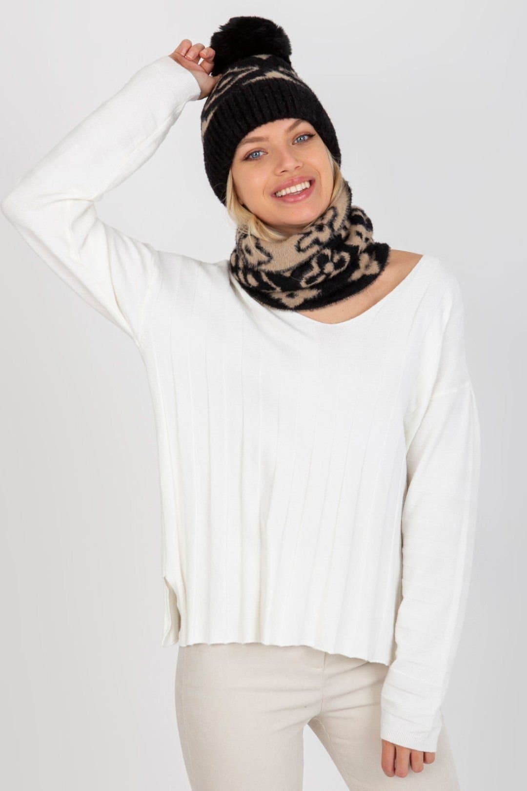 Love Lace Love Lace Black Embroidered Bobble Hat with Adjustable Strap