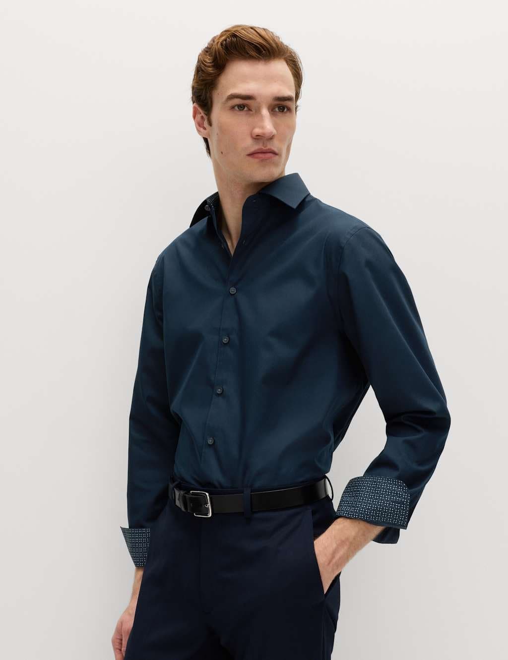 Marks & Spencer M&S Regular Fit Easy Iron Cotton Blend Shirt Navy Mix