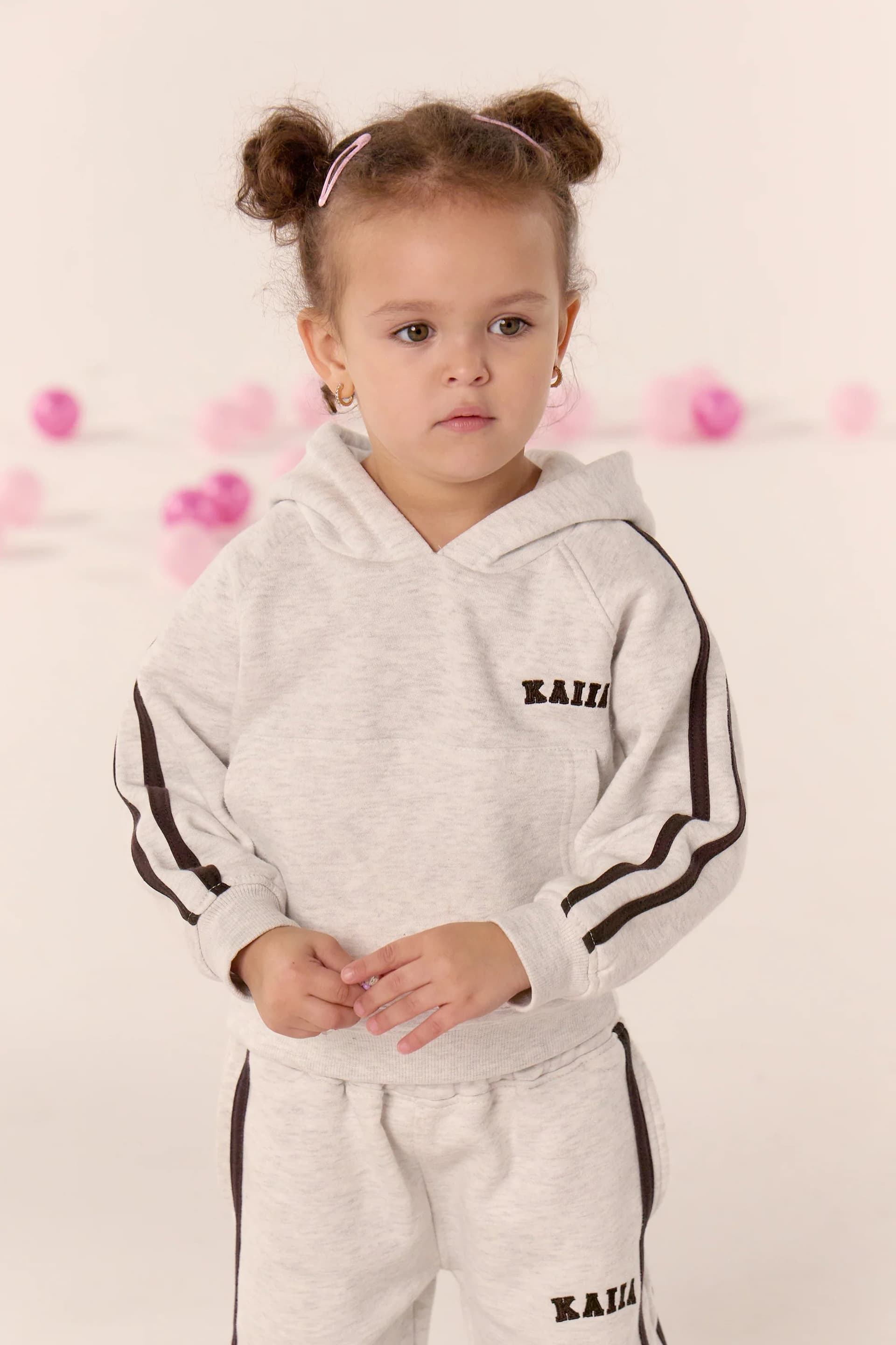 Kaiia Kaiia Kids Sport Side Stripe Oversized Hoodie Light Grey Marl & Brown