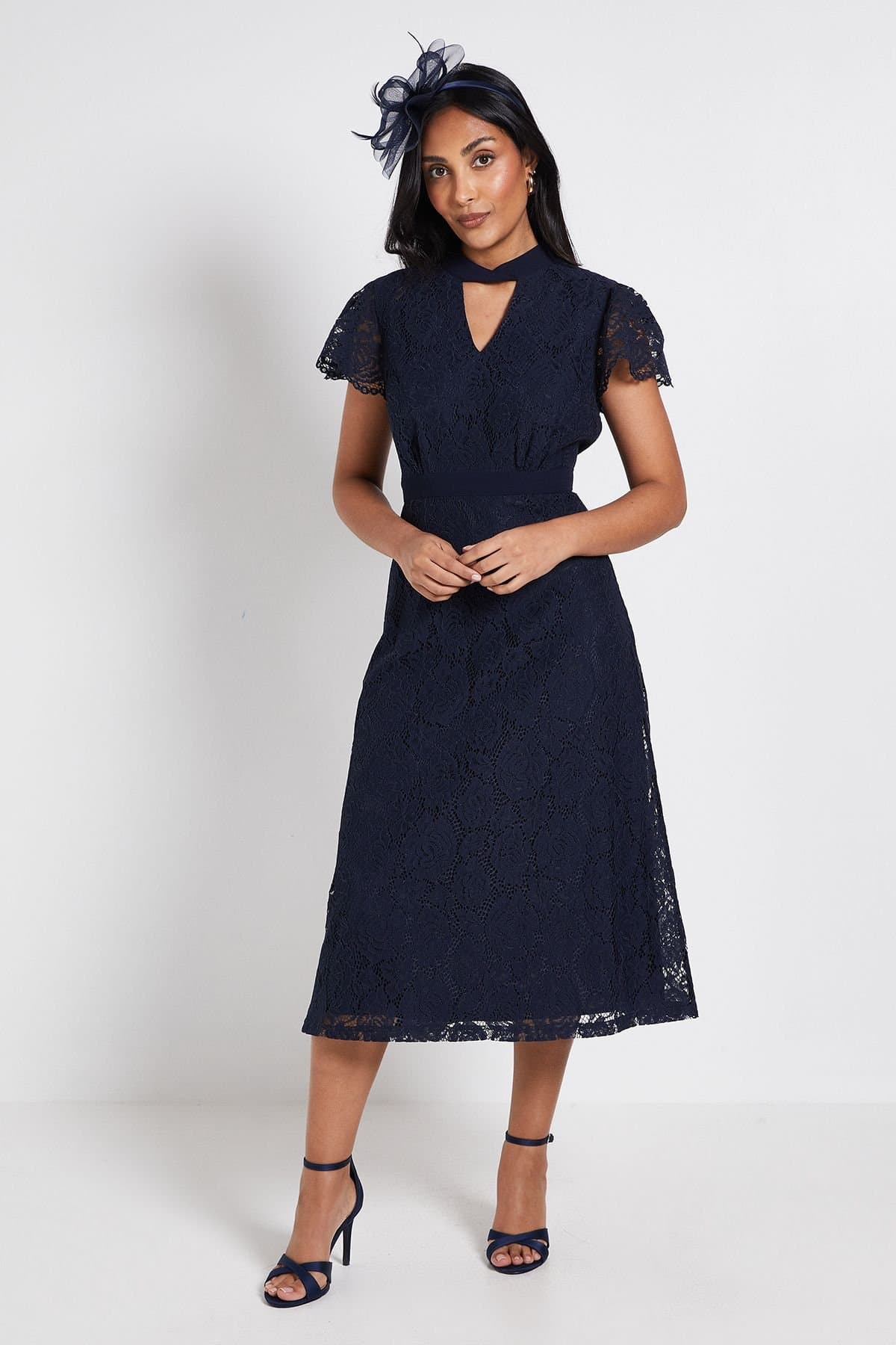 Wallis Wallis Women's Petite Lace Tie Neck Midi Dress in Navy