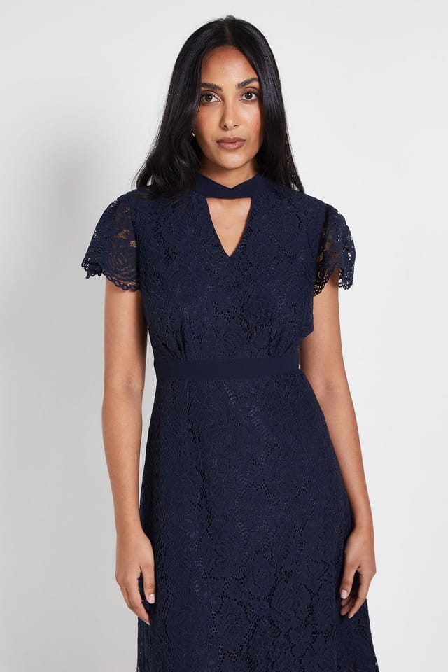Wallis Wallis Women's Petite Lace Tie Neck Midi Dress in Navy - 2
