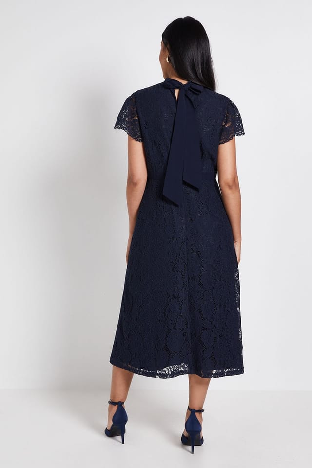 Wallis Wallis Women's Petite Lace Tie Neck Midi Dress in Navy - 3