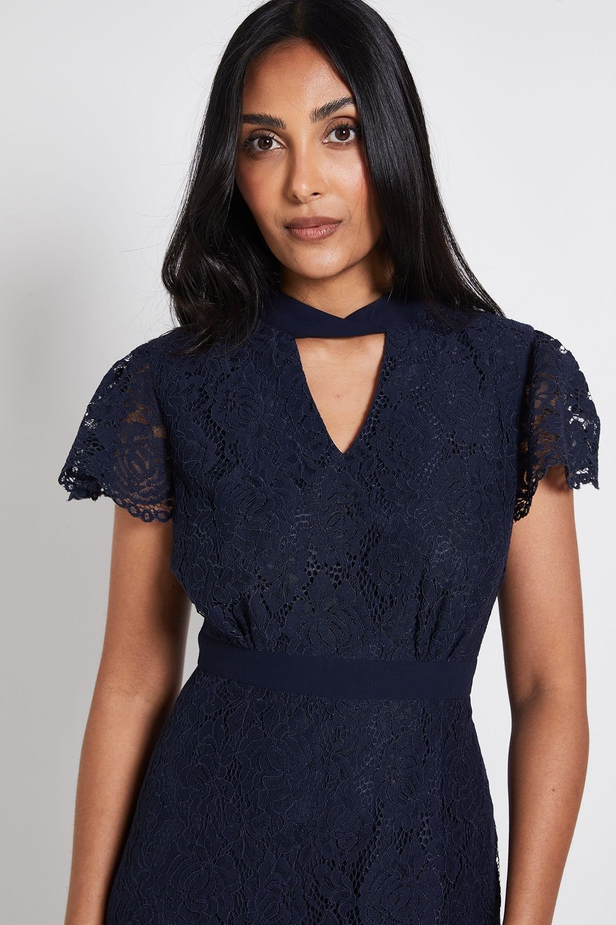 Wallis Wallis Women's Petite Lace Tie Neck Midi Dress in Navy - 4