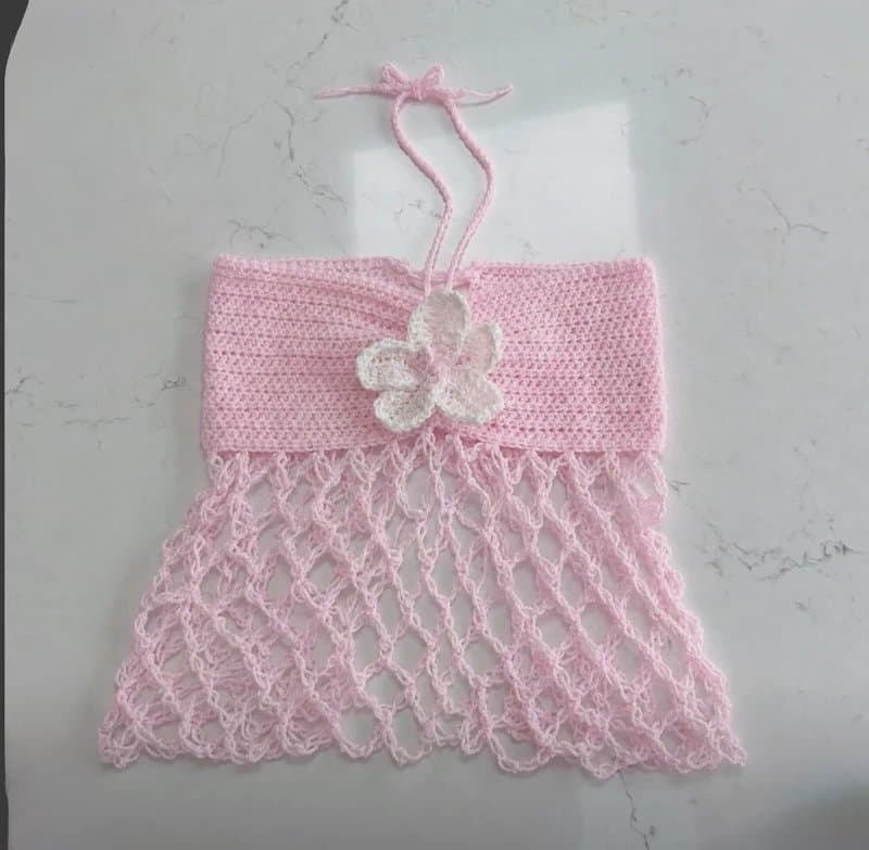 Handmade Beauty Crochet Top Baby Pink Halter Neck Hibiscus Summer Corset Summer UK 6 Beach