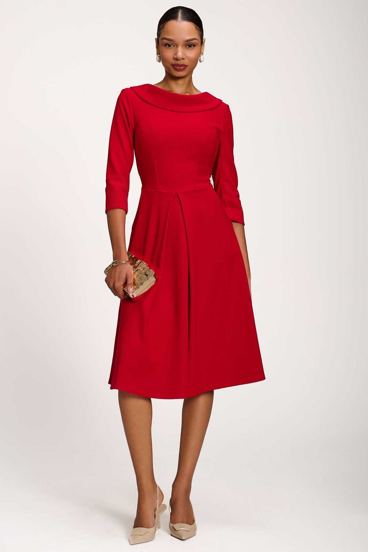 Jolie Moi Red Roll Neck ¾ Sleeve Midi Dress