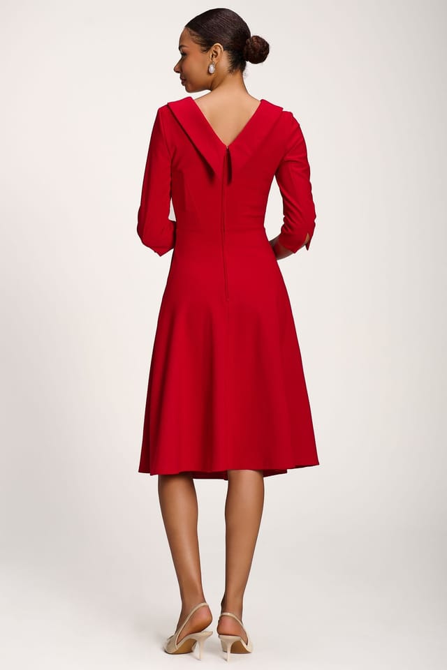 Jolie Moi Jolie Moi Women's Roll Neck ¾ Sleeve Midi Dress in Dark Red - 2