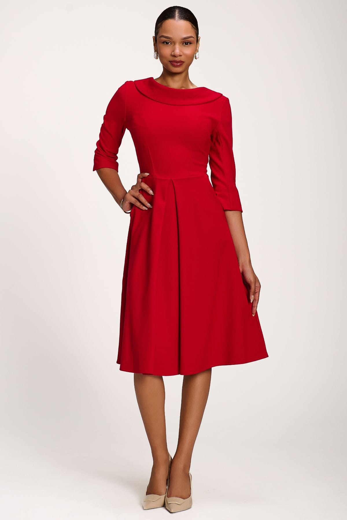 Jolie Moi Jolie Moi Women's Roll Neck ¾ Sleeve Midi Dress in Dark Red - 4
