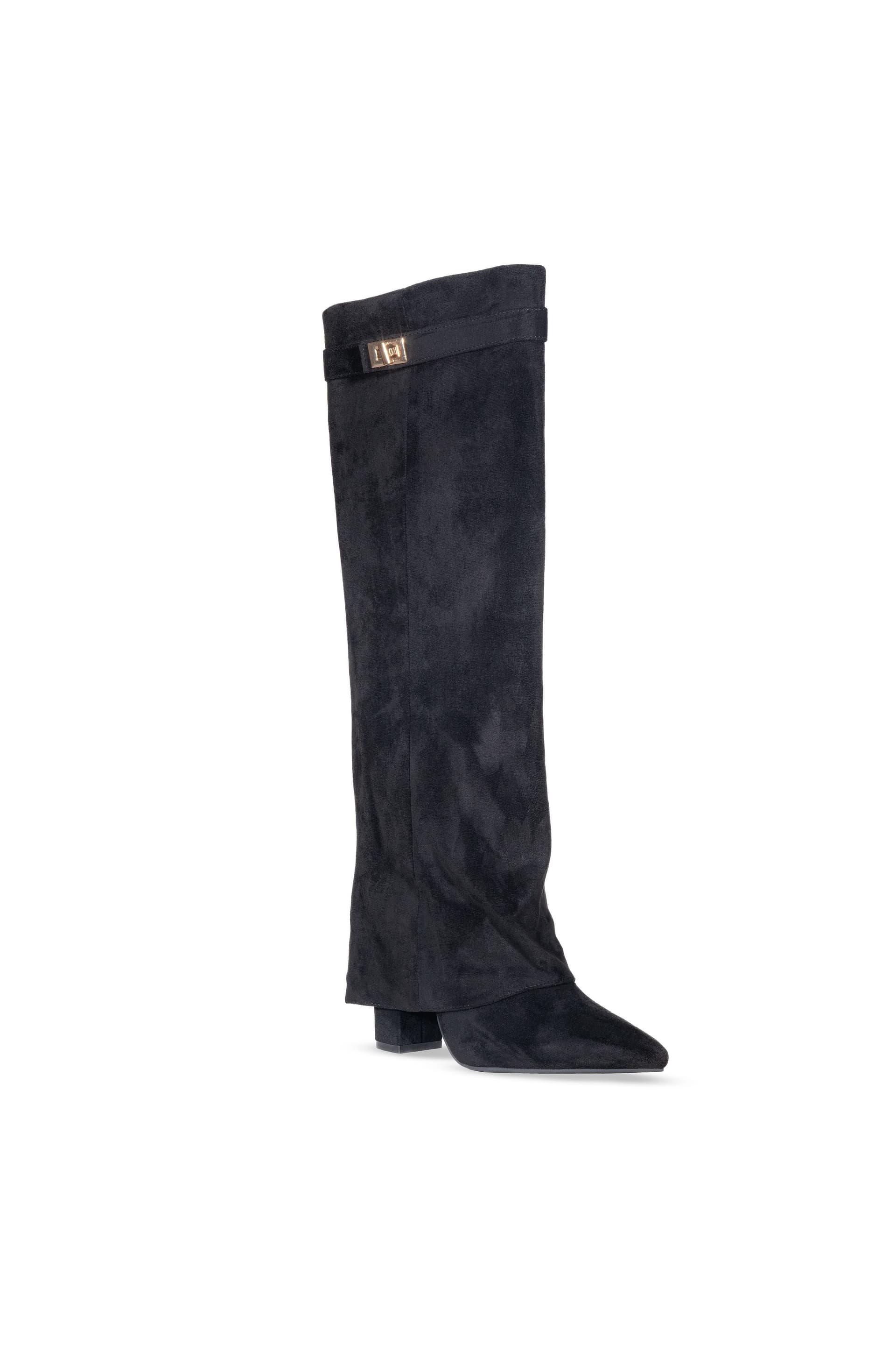 Truffle Collection Truffle Collection Women's Knee High Boots Folded Down Pointed Toe Block Heels Shoes in Black