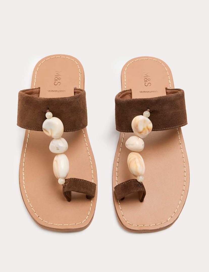 Marks & Spencer M&S Suede Beaded Toe Post Mules Light Brown - 1