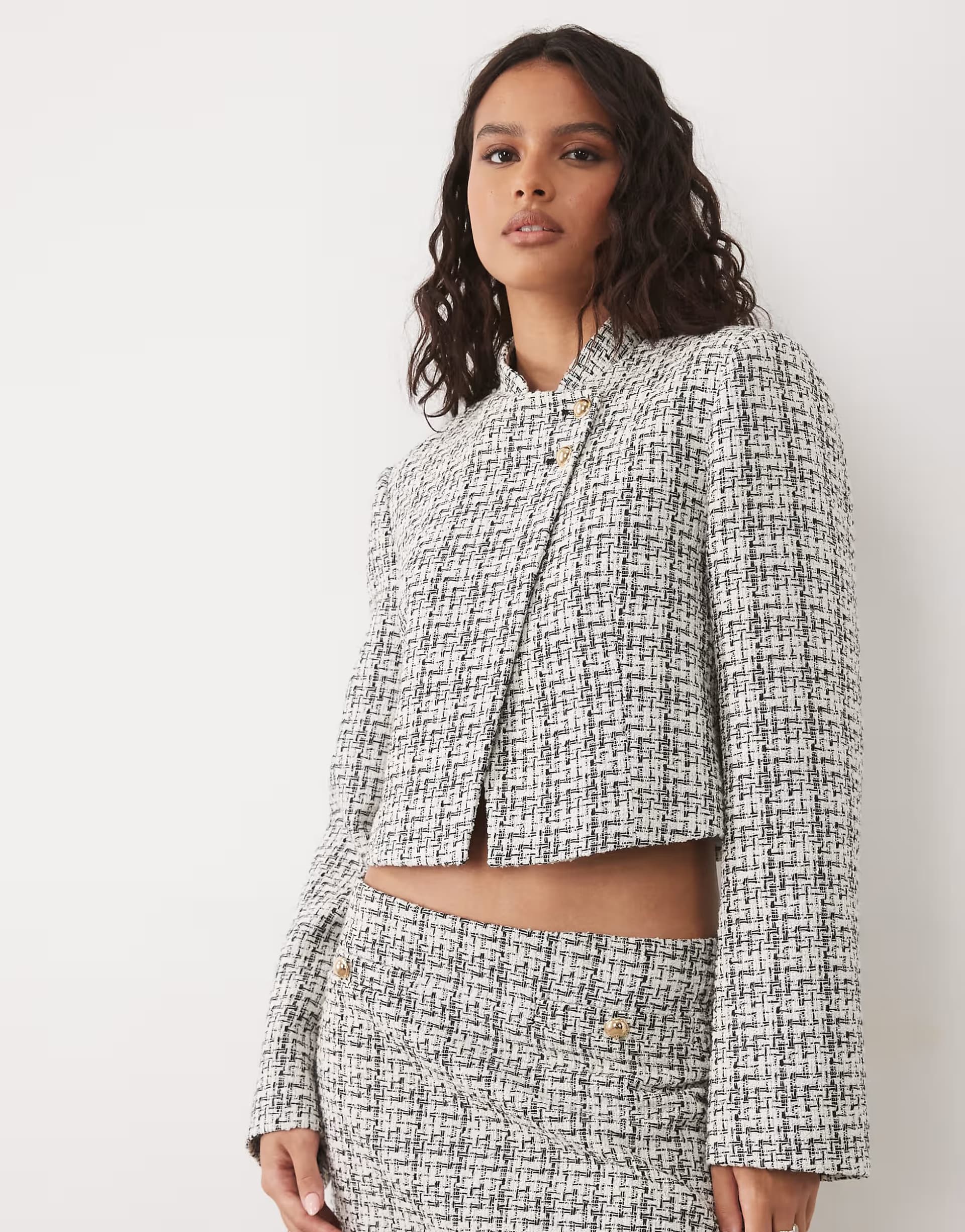 ASOS Miss Selfridge clean mandarin crop blazer in boucle