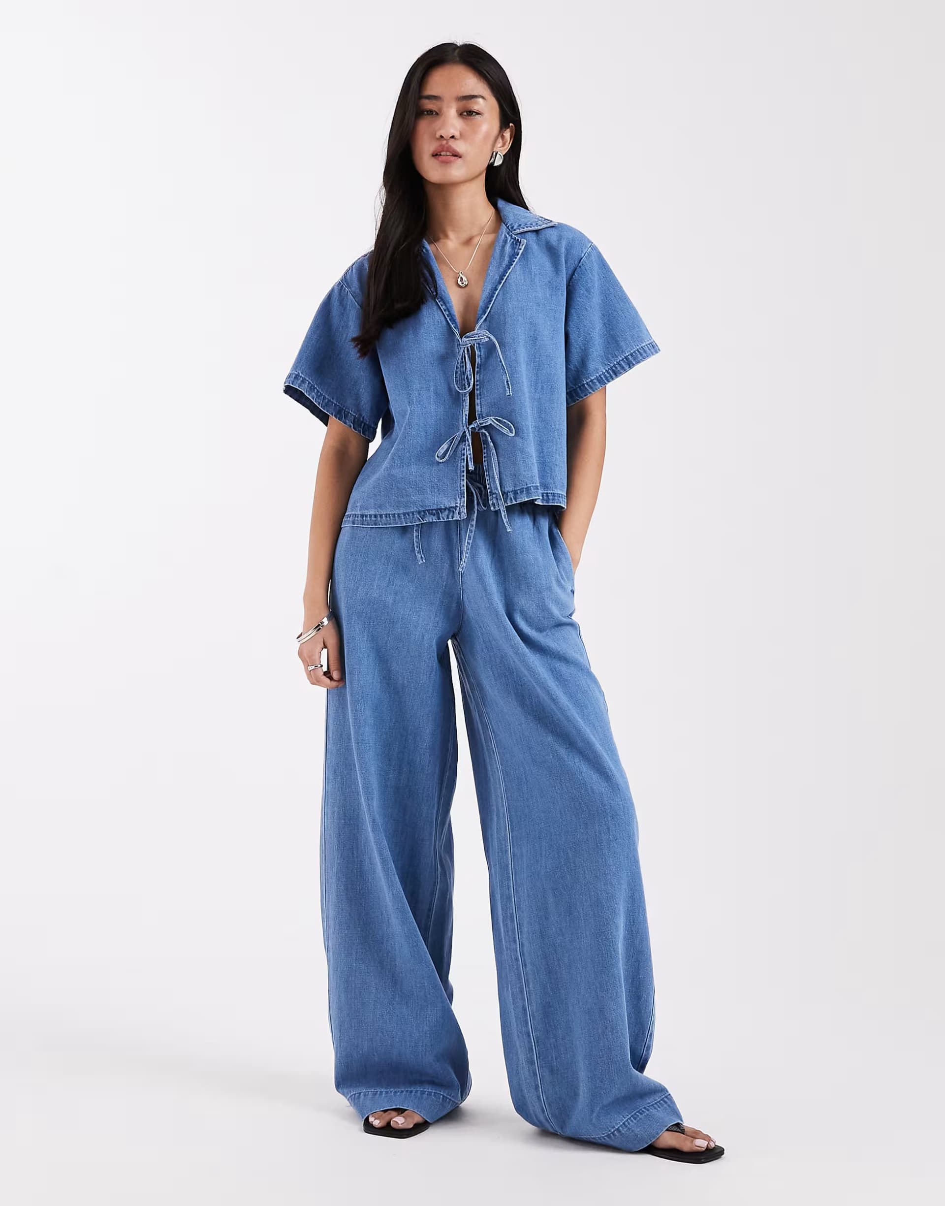 ASOS JJXX co-ord linen mix drawstring pull on jeans in light blue