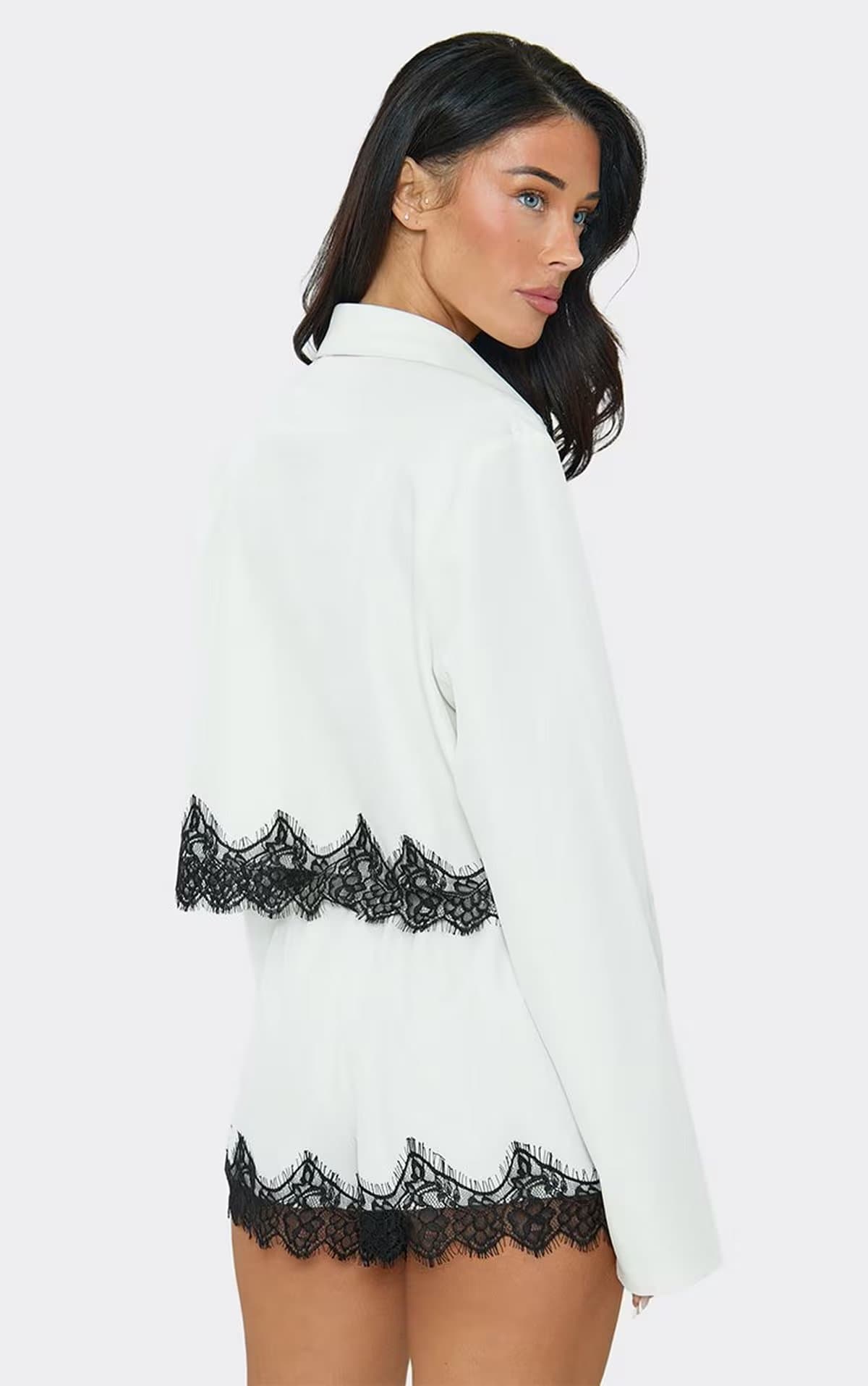 EGO Long Sleeve Collared Contrast Lace Trim Shirt In Cream., Women's Size UK 6