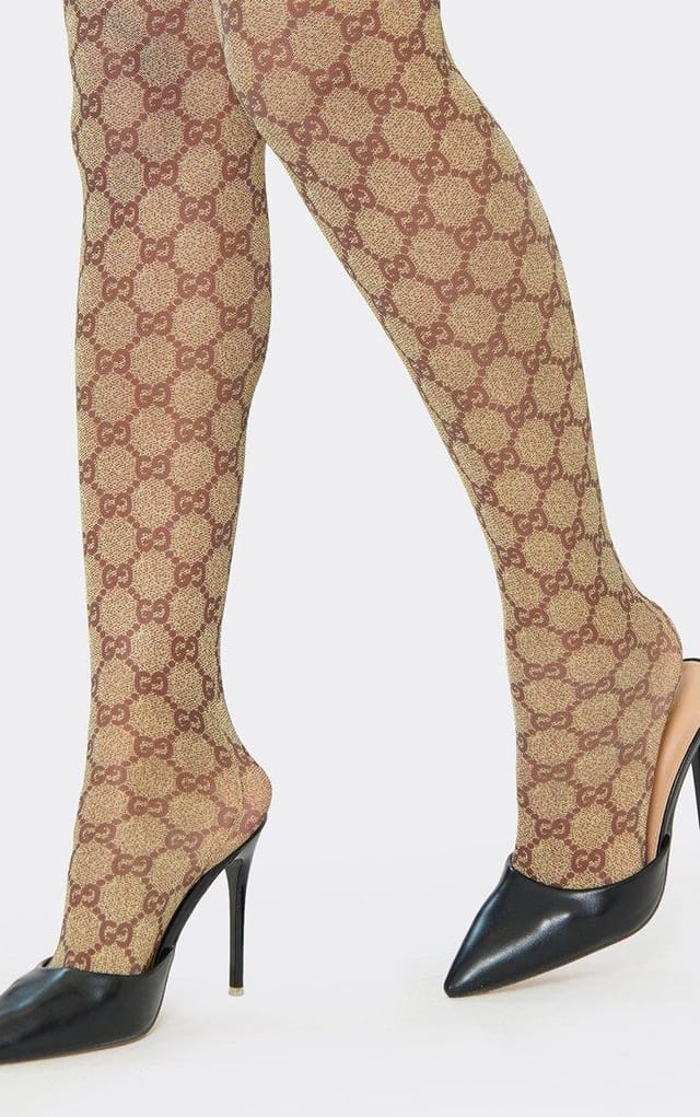 EGO High Waist Printed Detail Tights In Brown, Women's Size UK 0 - 2