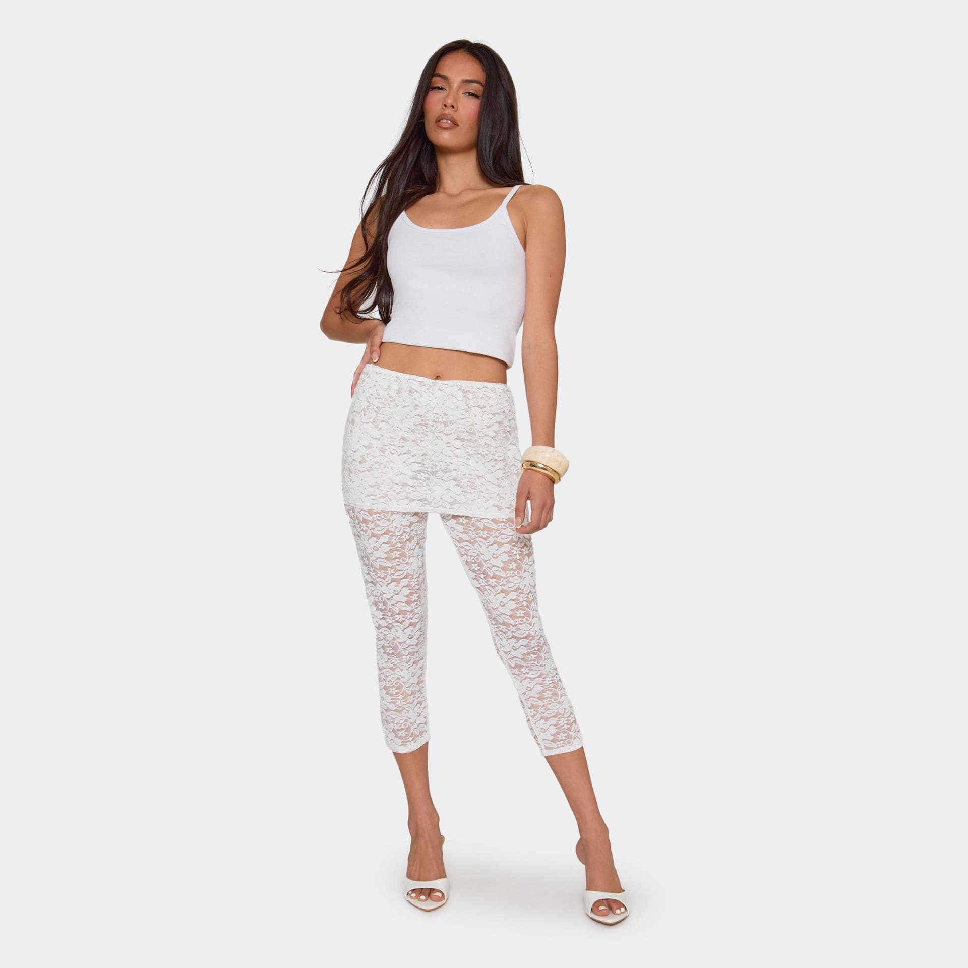 EGO Low Rise Fold Over Capri Trousers In White Lace, Women's Size UK 6