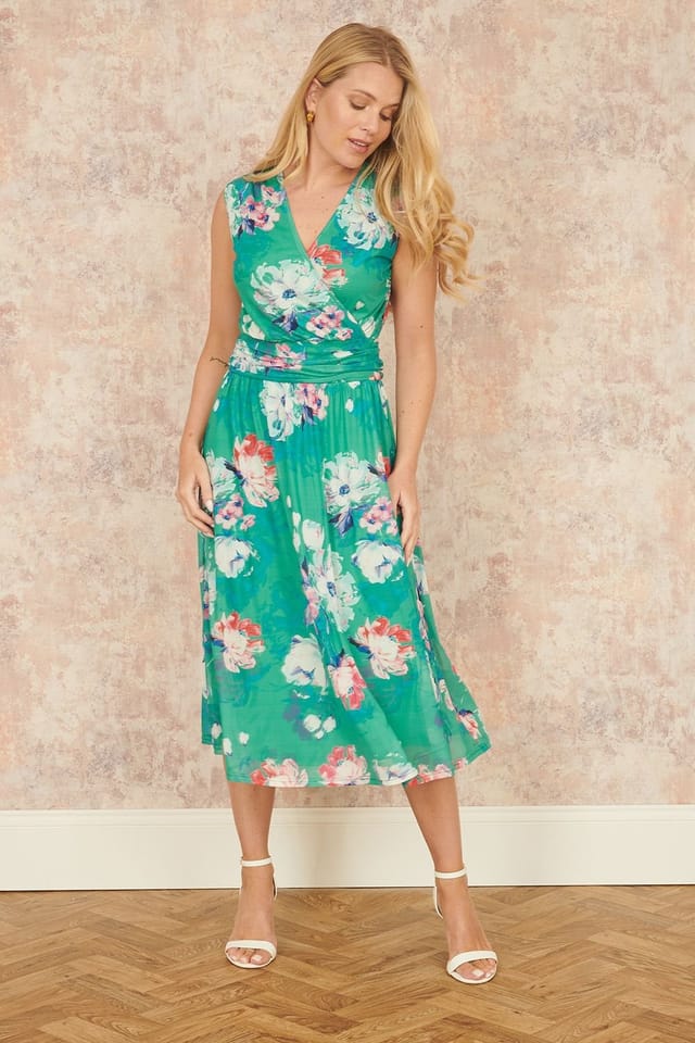 Yumi Yumi Women's Green Blossom Print Stretch Mesh Dress With Pockets - 3