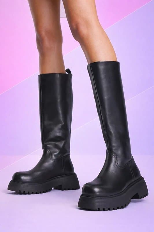 ASOS ASOS Design Candy Leather Chunky Boots Size UK 4 Black Knee