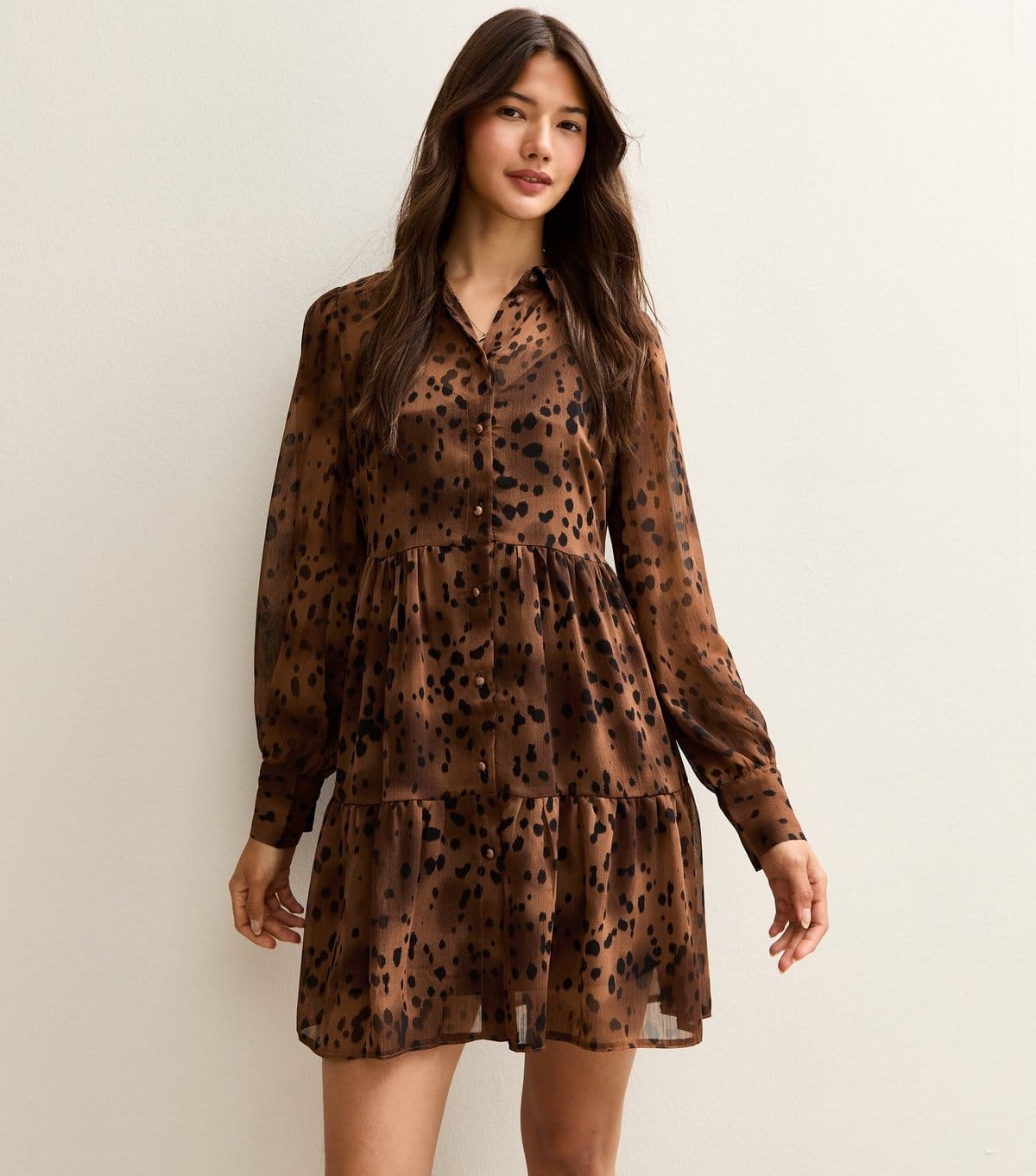 New Look Brown Leopard Print Tiered Chiffon Mini Dress