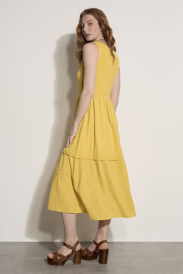 Apricot Apricot Women's Floral Embroidered Cotton Midi Dress in Mustard - 3