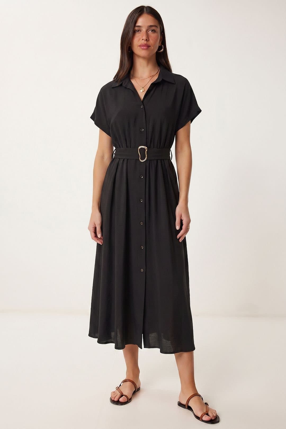 Happiness Istanbul Happiness Istanbul Women's Belted Poplin Shirt Midi Dress in Black