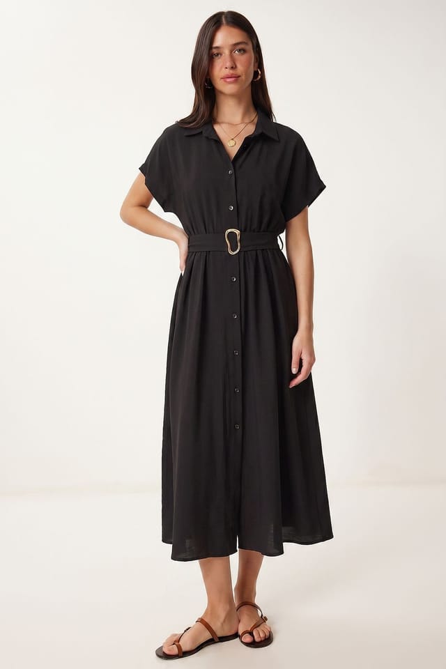Happiness Istanbul Happiness Istanbul Women's Belted Poplin Shirt Midi Dress in Black - 2