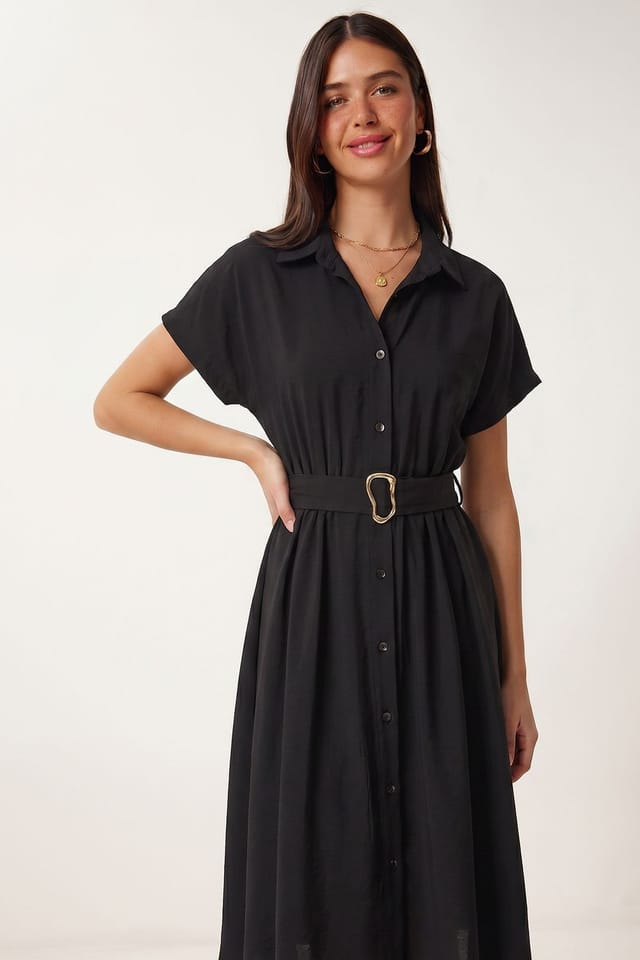 Happiness Istanbul Happiness Istanbul Women's Belted Poplin Shirt Midi Dress in Black - 3