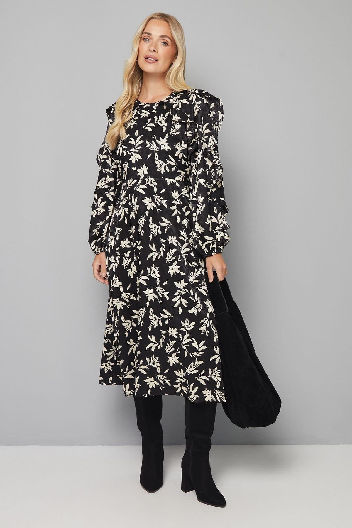 Wallis Wallis Women's Petite Floral Satin Jacquard Ruffle Midi Dress in Black