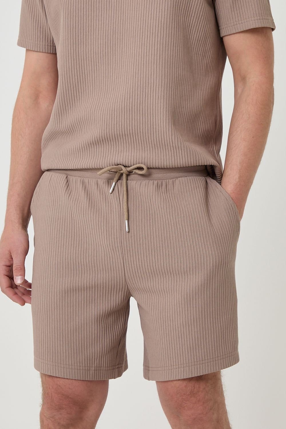 Threadbare Threadbare Men's Regular Fit Ribbed Shorts in Taupe - 4